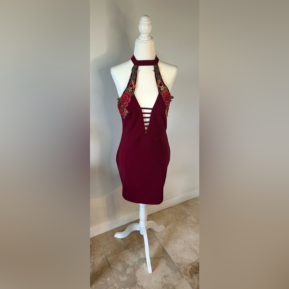 {Privy} Burgundy Backless Dress with Floral Details